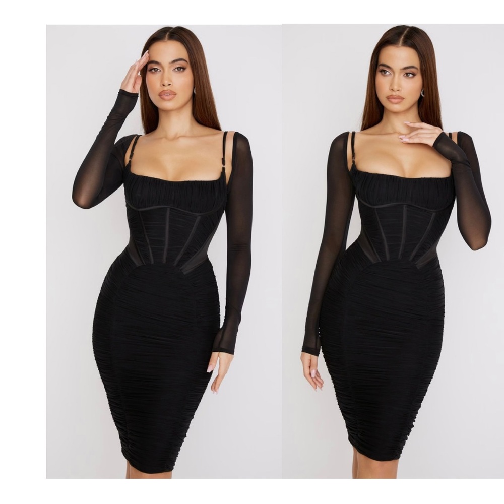 House of CB Black Ruched Backless Long Sleeve Dress